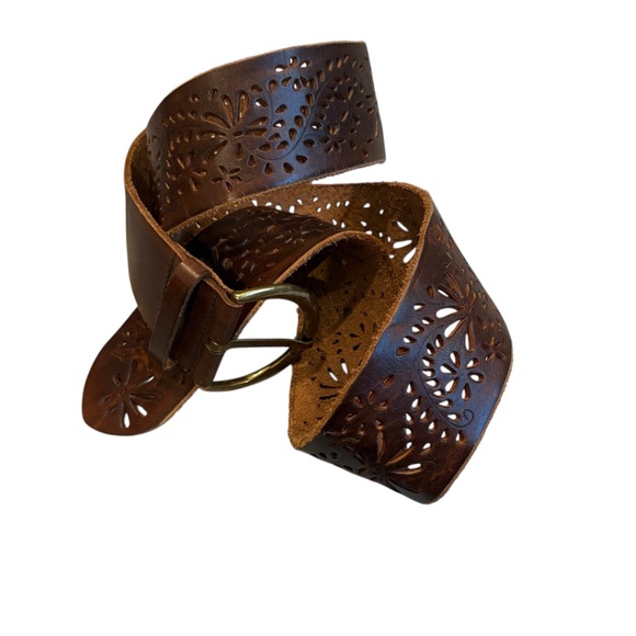 Abercrombie and Fitch Y2K Brown Leather Boho Floral Cutout 2” Wide Belt, Sz M - Picture 7 of 12
